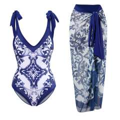 2023 popular colorful printing one piece swimsuit dress set