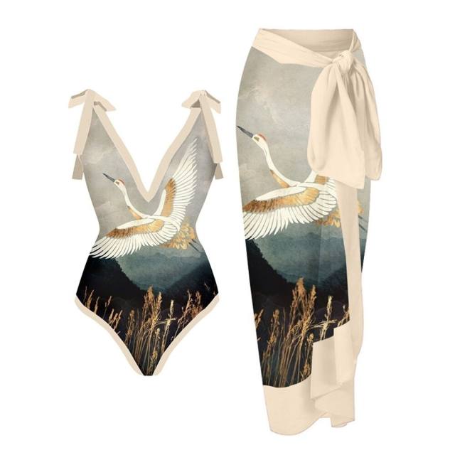 2023 popular colorful printing one piece swimsuit dress set