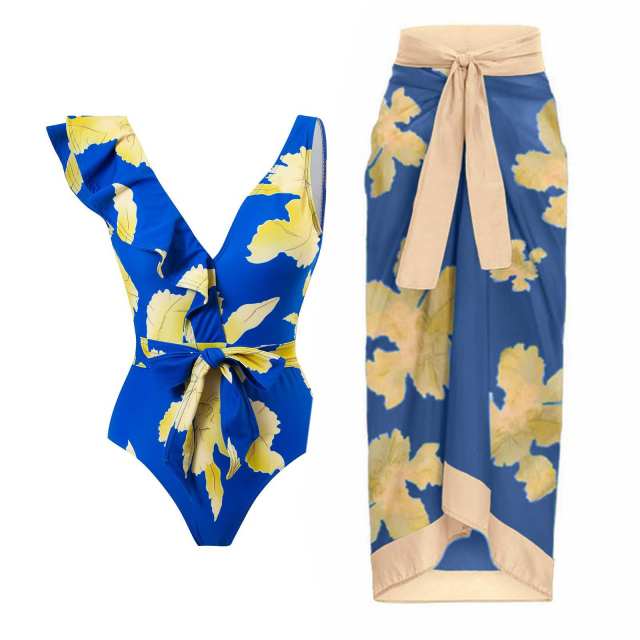 2023 popular colorful printing one piece swimsuit dress set