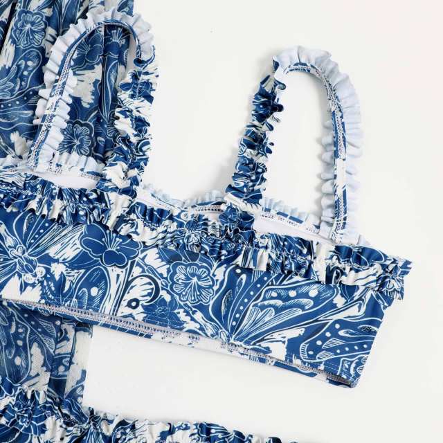 Amazon hot sale blue color printing two piece swimsuit
