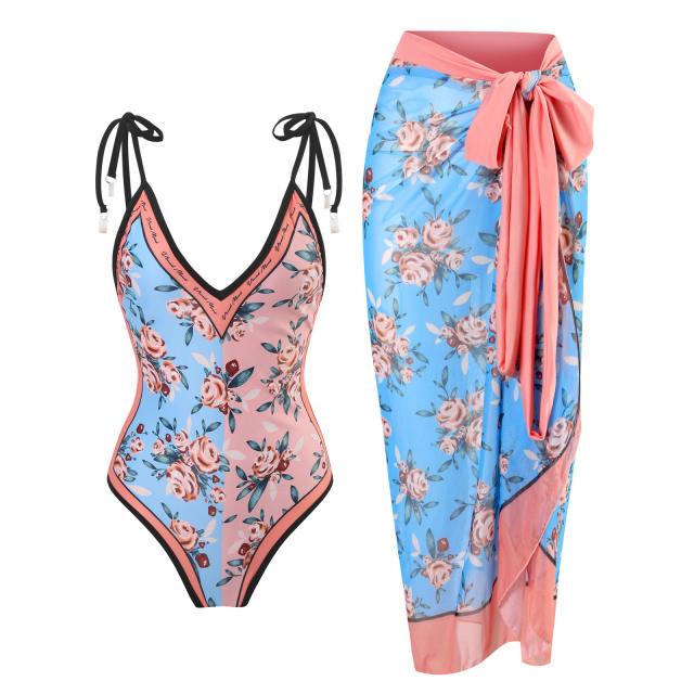 2023 popular colorful printing one piece swimsuit dress set