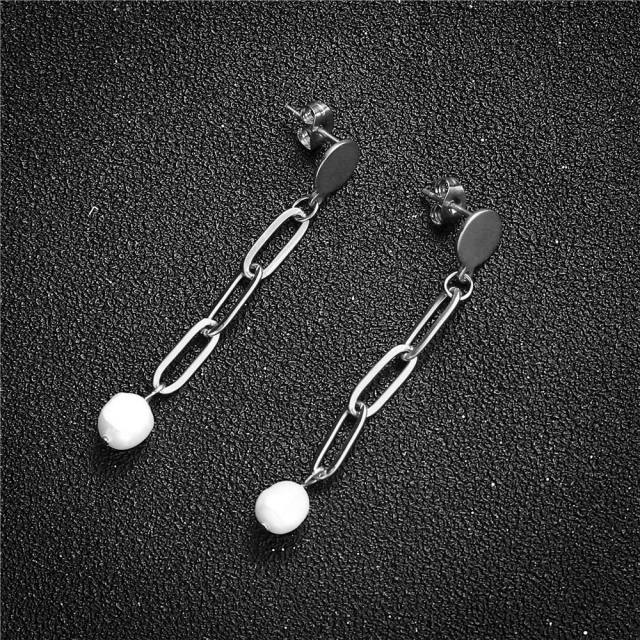 Elegant stainless steel chain water pearl bead long earrings