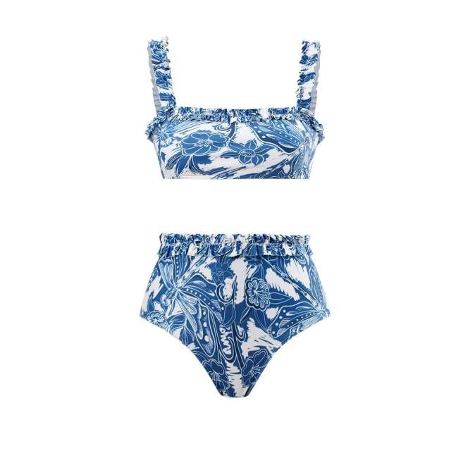 Amazon hot sale blue color printing two piece swimsuit