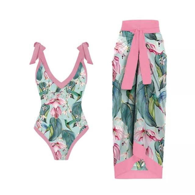 2023 popular colorful printing one piece swimsuit dress set