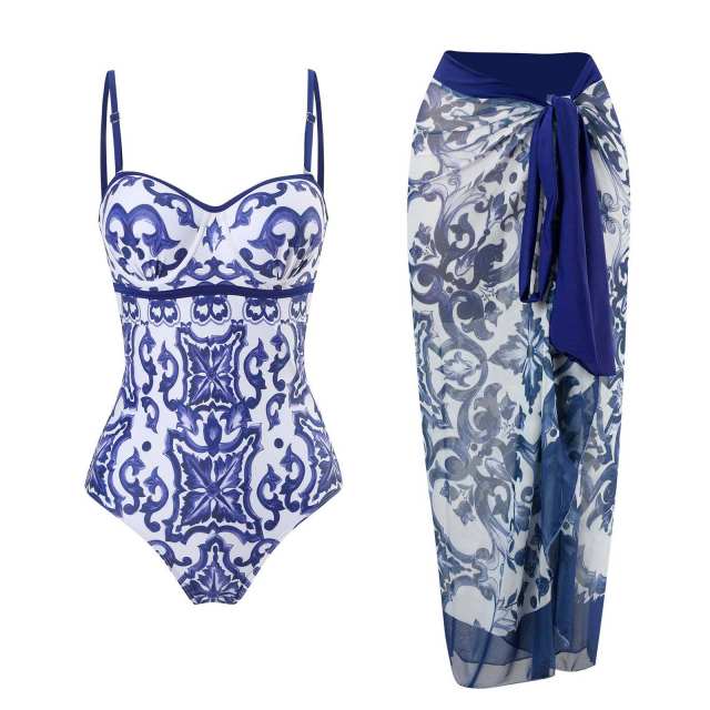 2023 popular colorful printing one piece swimsuit dress set