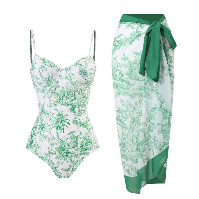 2023 popular colorful printing one piece swimsuit dress set