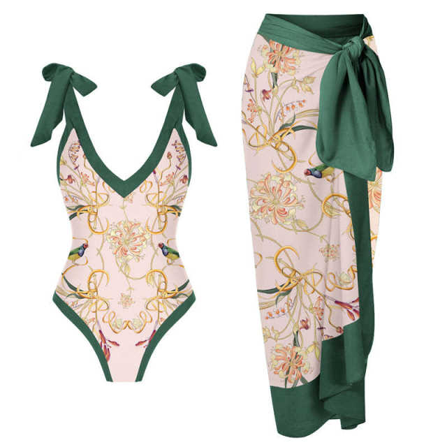2023 popular colorful printing one piece swimsuit dress set