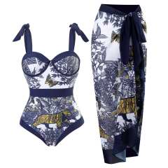 2023 popular colorful printing one piece swimsuit dress set