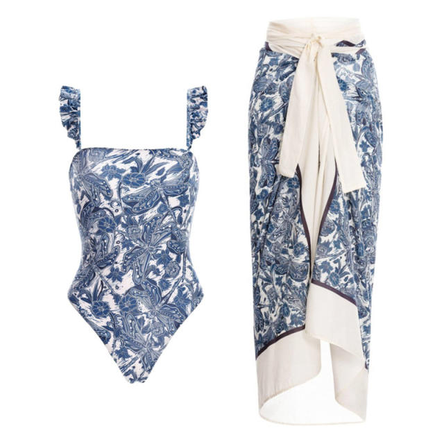 2023 popular colorful printing one piece swimsuit dress set