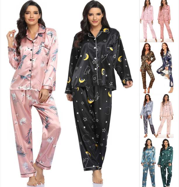 Occident fahsion color printing satin long sleeve pajamas