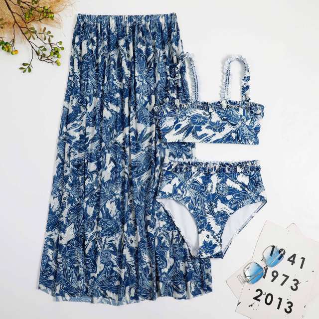 Amazon hot sale blue color printing two piece swimsuit
