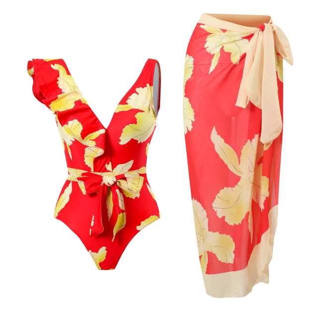 2023 popular colorful printing one piece swimsuit dress set
