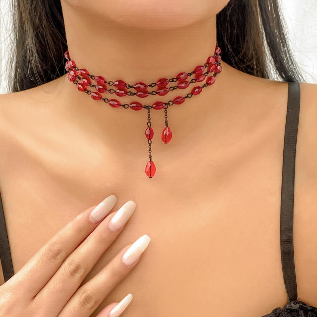 Gothic trend red bead choker necklace