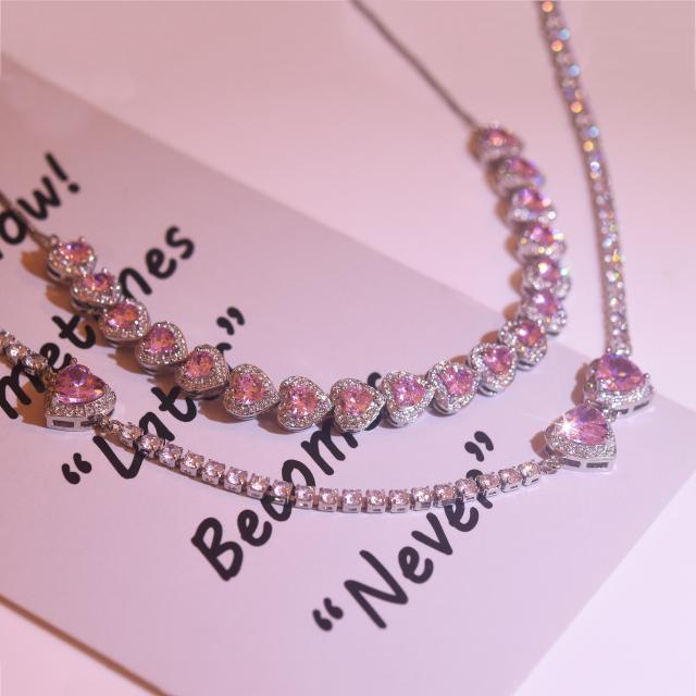 Luxury pink color cubic zircon heart choker necklace