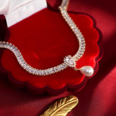 Luxury pave setting cubic zircon drop pearl necklace