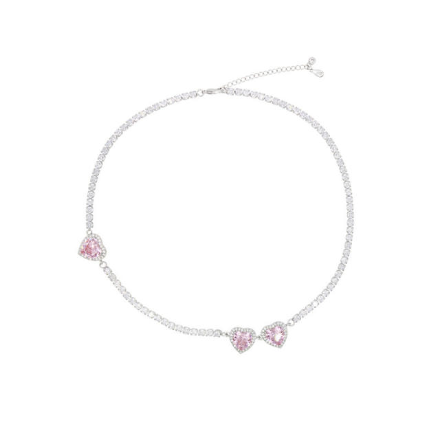 Luxury pink color cubic zircon heart choker necklace