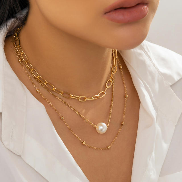 Hiphop three layer single pearl choker necklace