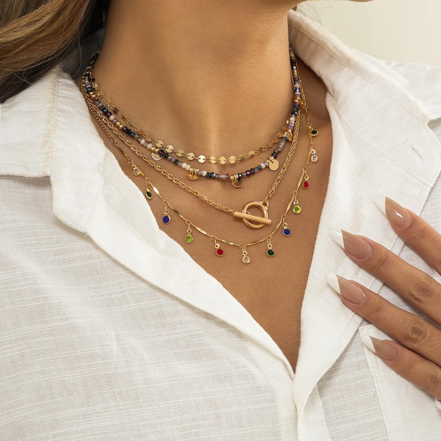 Vintage color rhinestone layer necklace