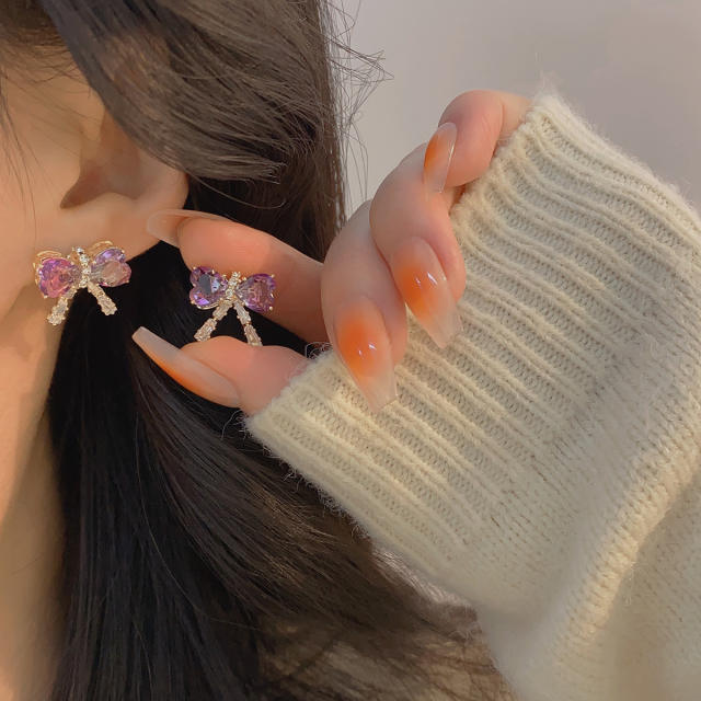 Delicate amethyst bow cute studs earrings for women
