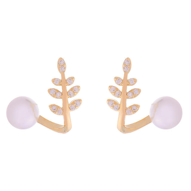 Elegant leaf design pearl bead studs earrings