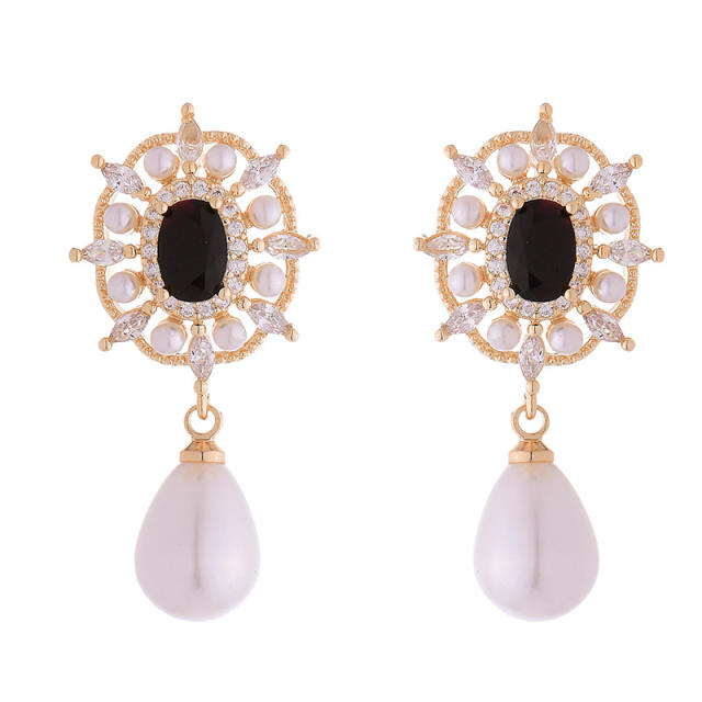 Vintage black color cubic zircon setting pearl drop earrings