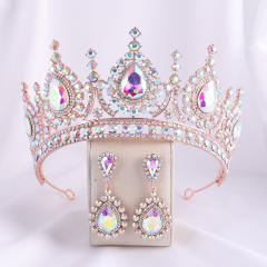 AB color glass crystal statement baroque crown earrings set