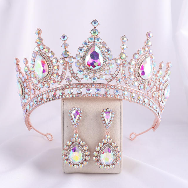 AB color glass crystal statement baroque crown earrings set