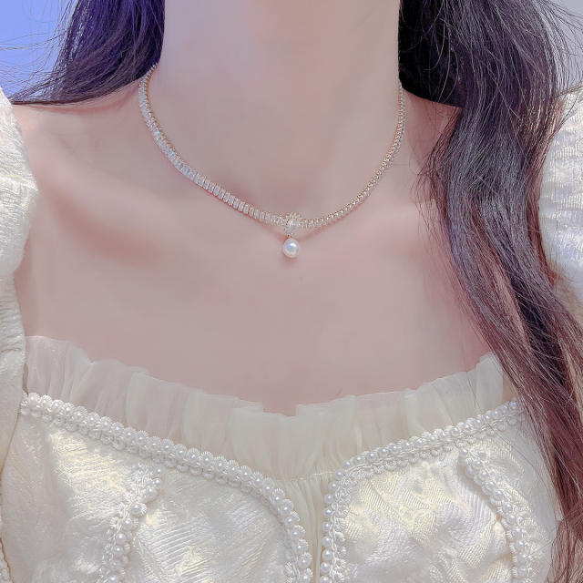 Luxury pave setting cubic zircon drop pearl necklace