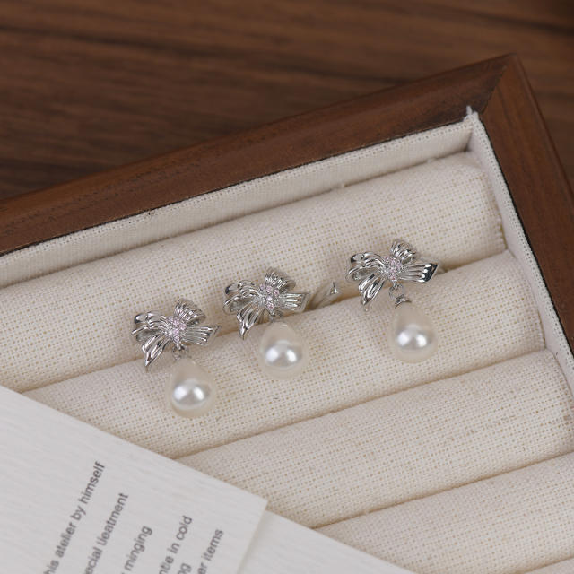 Sweet bow pearl drop earrings rings