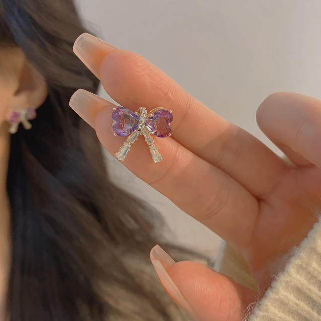 Delicate amethyst bow cute studs earrings for women