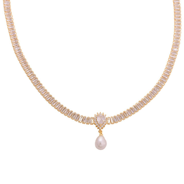 Luxury pave setting cubic zircon drop pearl necklace