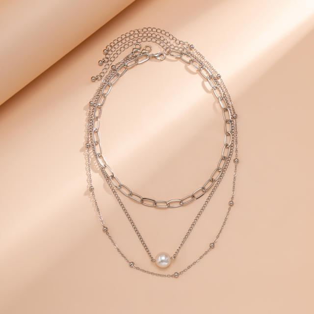 Hiphop three layer single pearl choker necklace