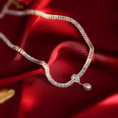 Luxury pave setting cubic zircon drop pearl necklace