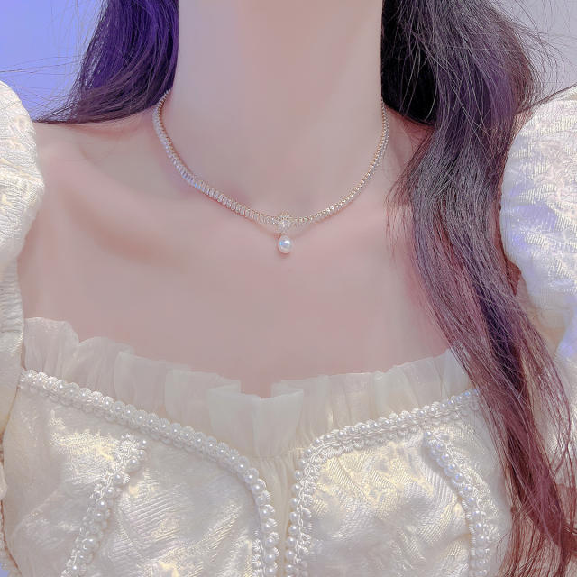 Luxury pave setting cubic zircon drop pearl necklace