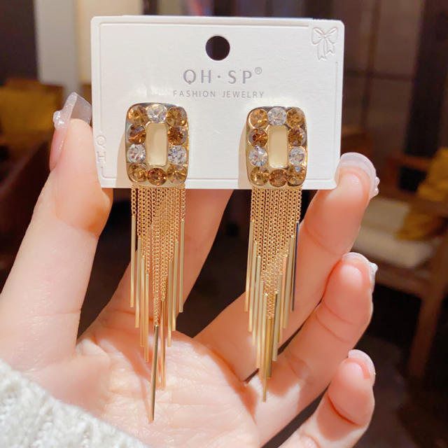 925 needle crystal sqaure chain tassel real gold plated earrings