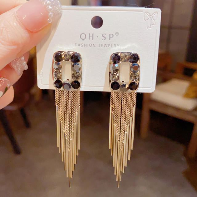925 needle crystal sqaure chain tassel real gold plated earrings