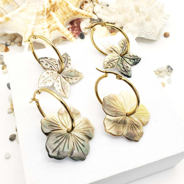 Boho natural shell flower hoop earrings