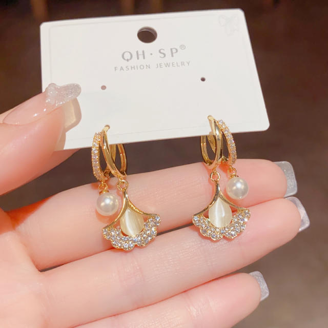 Tiktok same design opal stone Ginkgo leaf diamond earrings
