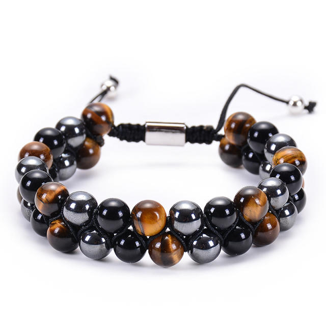 Two layer natural stone bead braid bracelet