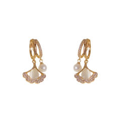 Tiktok same design opal stone Ginkgo leaf diamond earrings