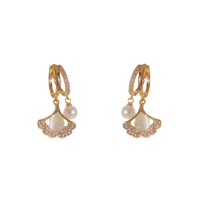 Tiktok same design opal stone Ginkgo leaf diamond earrings