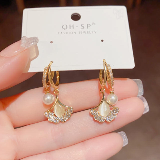 Tiktok same design opal stone Ginkgo leaf diamond earrings