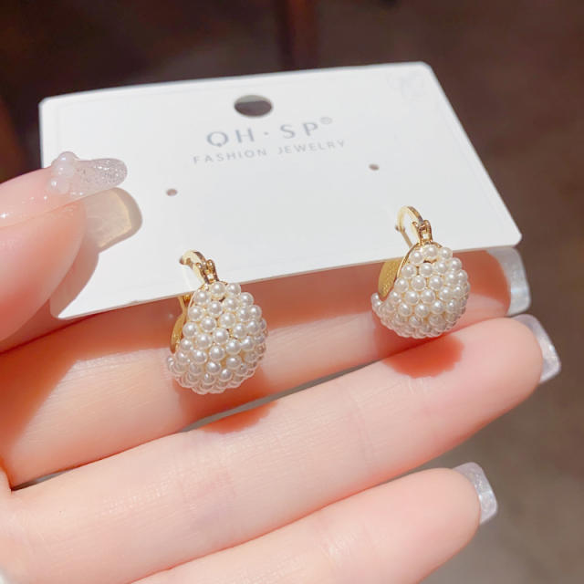 Elegant tiny pearl bead chunky huggie earrings