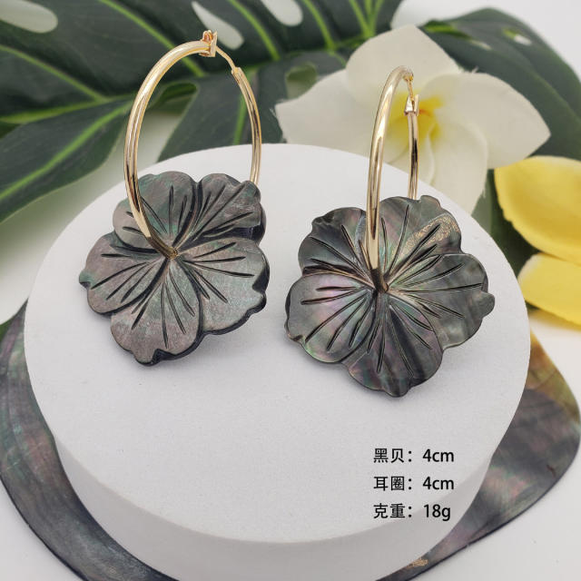 Creative boho beach black shell flower leaf earrings
