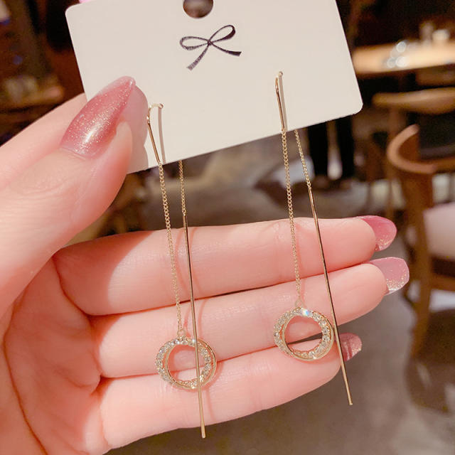 Korean fashion diamond circle real gold plated threader earrings