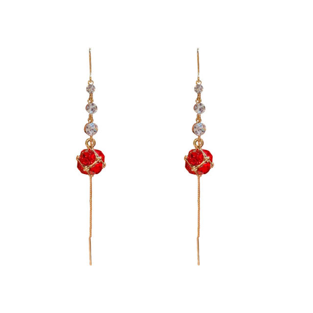 Korean fashion red cubic zircon ball real gold plated threader earrings