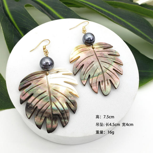 Creative boho beach black shell flower leaf earrings