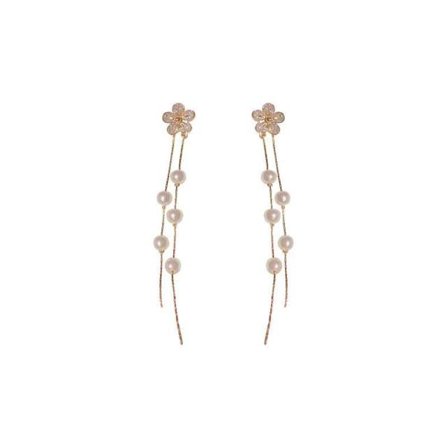 Elegant pearl flower tassel jacket earrings