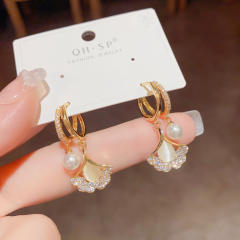 Tiktok same design opal stone Ginkgo leaf diamond earrings