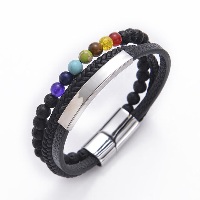 Hot sale color natural stone PU leather layer bangle for men